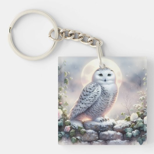 Sneeuwuil in Moonlit Winter Garden Sleutelhanger (Voorkant)