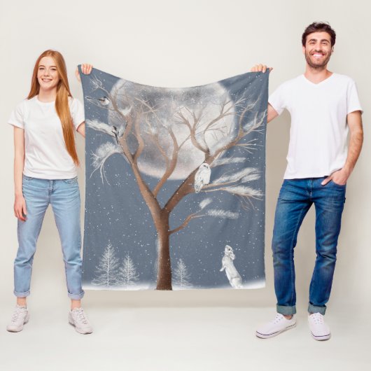 Sneeuwuil in winterboom en konijn fleece deken (In situ)