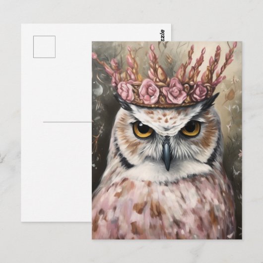 Sneeuwuil met een kroon en roze bloemen briefkaart (Voorkant / Achterkant)