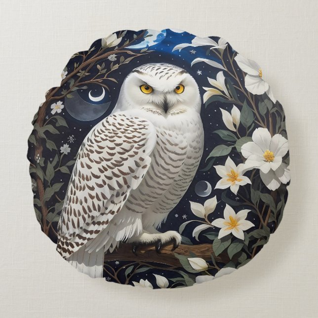 Sneeuwuil Moonlight Moonflower Rond Kussen (Voorkant)