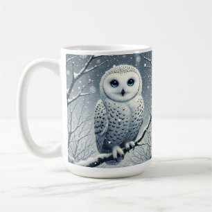 Sneeuwuil op besneeuwde tak koffiemok
