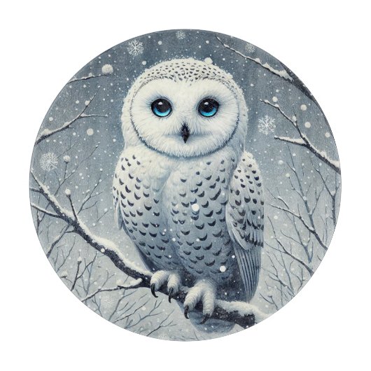 Sneeuwuil op besneeuwde tak snijplank (Voorkant)