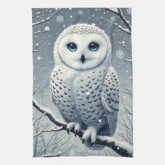 Sneeuwuil op besneeuwde tak theedoek (Verticaal)