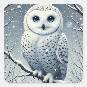 Sneeuwuil op besneeuwde tak vierkante sticker
