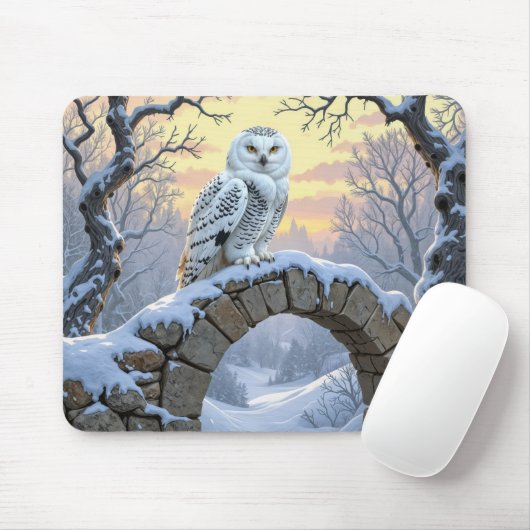 Sneeuwuil op een stenen boog muismat (Met muis)