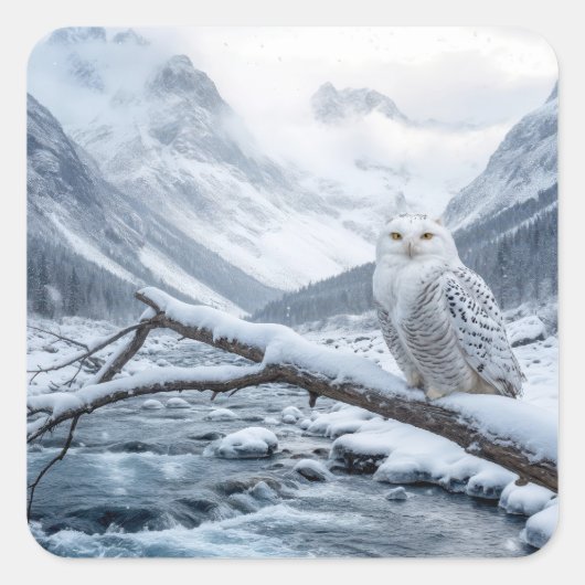 Sneeuwuil op een wintertak vierkante sticker (Voorkant)
