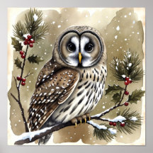 Sneeuwuil op Hulsttak Aquarel Kerstmis