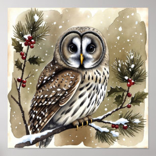 Sneeuwuil op Hulsttak Aquarel Kerstmis Poster