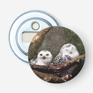 Sneeuwuil paar boslandschap dierenkunst button flesopener
