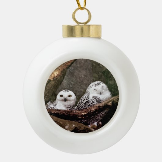 Sneeuwuil paar boslandschap dierenkunst keramische bal ornament (Voorkant)