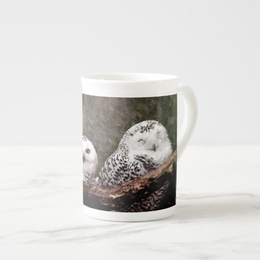 Sneeuwuil paar boslandschap dierenkunst porselein kop (Voorkant rechts)