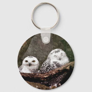 Sneeuwuil paar boslandschap dierenkunst sleutelhanger