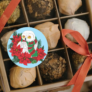 Sneeuwuil Rode Poinsettias Kerstmis Ronde Sticker