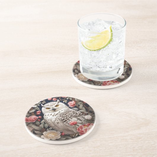 Sneeuwuil Roze Pioen Bloemen Zandsteen Onderzetter (Zijkant)