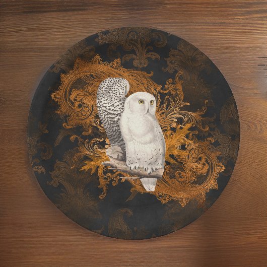  Sneeuwuilen op Sinaasappel Damask Halloween Papieren Bordje