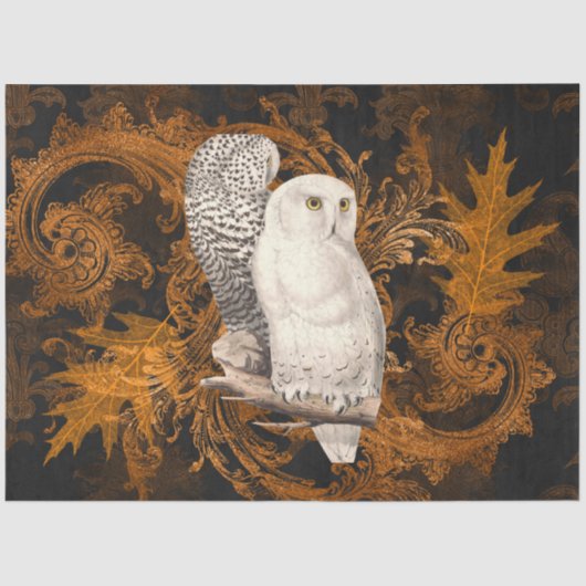  Sneeuwuilen op Sinaasappel Damask Halloween Tissuepapier (Voorkant)