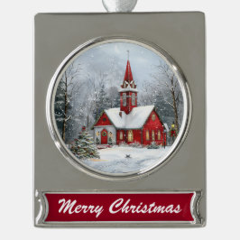 Sneeuwval bij de kapel Vintage Kerstmis Verzilverd Banner Ornament
