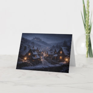 Sneeuwval Dorps Kasteel Kerstkaart Feestdagen Kaart
