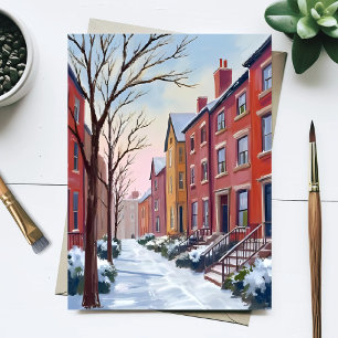 Sneeuwval in de stad   Winter Waterverfschilderij Briefkaart