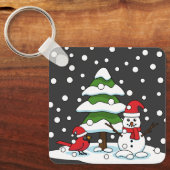 Sneeuwval op kardinaal-, neushoorn- en pijnbomen sleutelhanger (Voorkant)