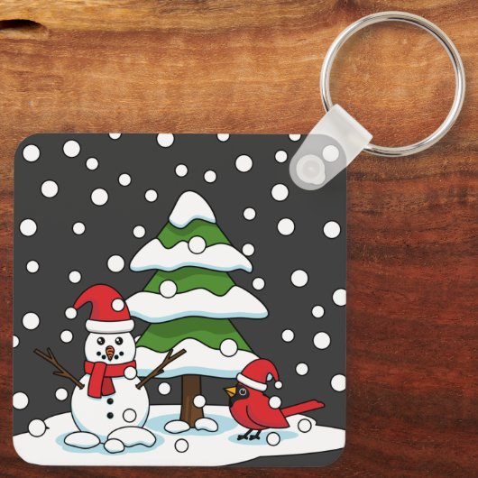 Sneeuwval op kardinaal-, neushoorn- en pijnbomen sleutelhanger (Achterkant)