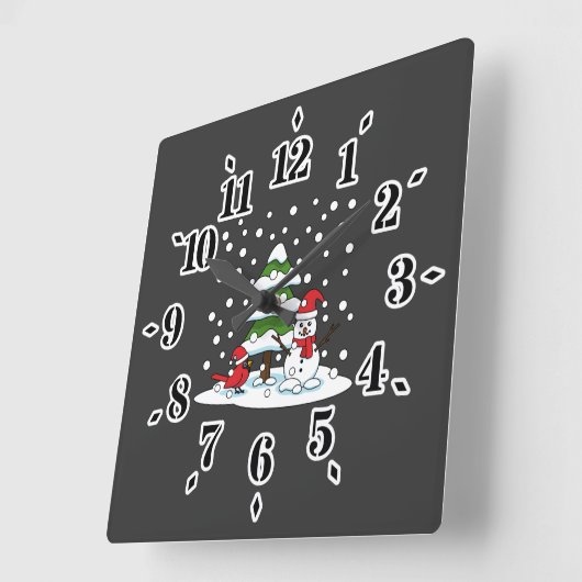 Sneeuwval op kardinaal-, neushoorn- en pijnbomen vierkante klok (Hoek)