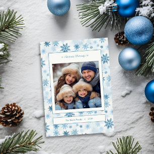 Sneeuwvlok Blauw en Wit Waterverf Familie Foto Feestdagenkaart