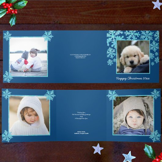 Sneeuwvlok Blauw Opal Gelukkig Kerstmis 4 Foto Drieluik Wenskaart