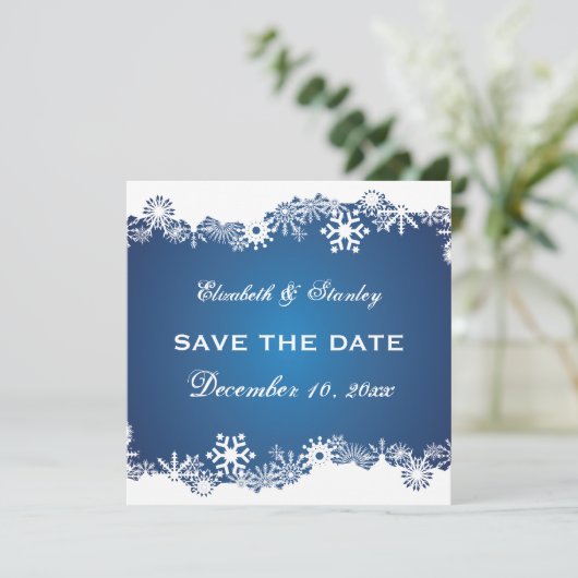 Sneeuwvlok blauw wit winter bruiloft Save the Date (Staand voorkant)
