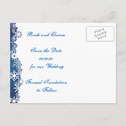 Sneeuwvlok blauw wit winter bruiloft Save the Date Aankondigingskaart (Achterkant)