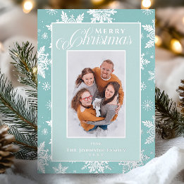 Sneeuwvlok Blauw Zilver Prettig Kerstmis Familie F Folie Feestdagenkaart