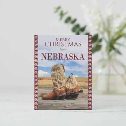 Sneeuwvlok Border Nebraska Cowboy Boots Kerstmis Feestdagenkaart (Staand voorkant)