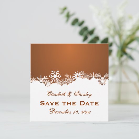 Sneeuwvlok bruine winter bruiloft Save the Date (Staand voorkant)