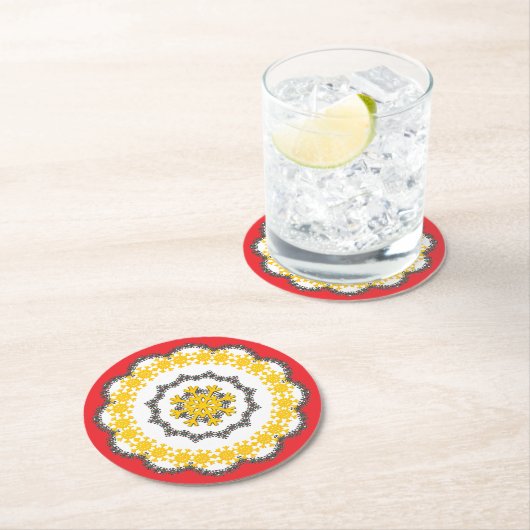 Sneeuwvlok Cirkel Vakantie Lacey Goud op Rood Ronde Kartonnen Onderzetter (Insitu)