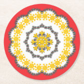 Sneeuwvlok Cirkel Vakantie Lacey Goud op Rood Ronde Kartonnen Onderzetter (Voorkant)
