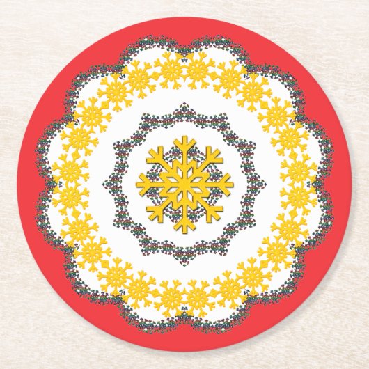 Sneeuwvlok Cirkel Vakantie Lacey Goud op Rood Ronde Kartonnen Onderzetter (Voorkant)