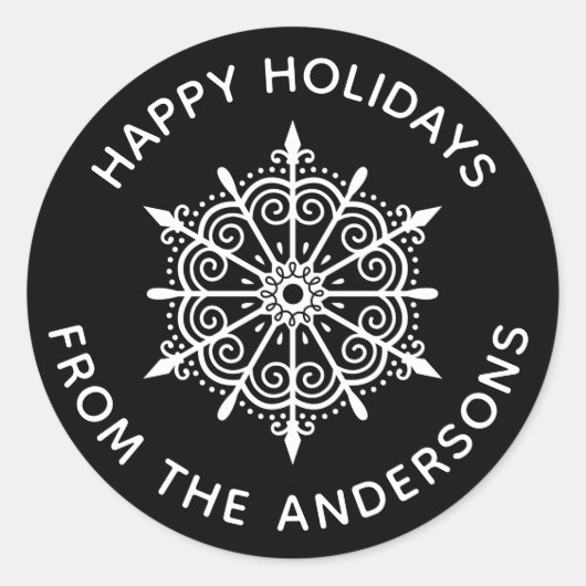 Sneeuwvlok Elegant Zwart Wit Winter Kerstmis Ronde Sticker (Voorkant)