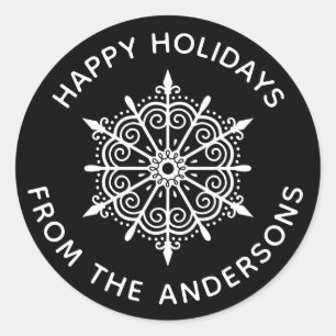 Sneeuwvlok Elegant Zwart Wit Winter Kerstmis Ronde Sticker