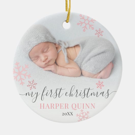 Sneeuwvlok Foto Meisje Baby Eerste Kerst Keramisch Ornament (Voorkant)