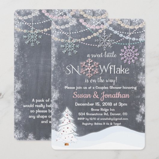 Sneeuwvlok Glitter Pearl Baby shower Invitation Kaart (Voorkant / Achterkant)