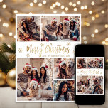 Sneeuwvlok Goud en Wit 5 Foto Collage Kerstmis Feestdagenkaart<br><div class="desc">Modern Elegant Script Goud en Wit Sneeuwvlok 5 Fotocollage Vrolijk Kerstscript Vakantie Kaart. Deze feestelijke, minimalistische, grillige vijf (5) foto vakantie wenskaart sjabloon is voorzien van een grid foto collage, wat sneeuwvlok en zegt "Merry Christmas"! De "Merry Christmas" Kalligrafie begroetingstekst is geschreven in een prachtig handgeschreven penseellettertypescript in goud op...</div>