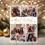 Sneeuwvlok Goud Wit 5 Fotocollage Kerstmis Feestdagenkaart<br><div class="desc">Modern Eenvoudig Elegant Kalligrafie Goud en Wit Sneeuwvlok 5 Fotocollage Vrolijk Kerstmis Script Vakantie Kaart. Deze feestelijke, minimalistische, grillige vijf (5) foto vakantie wenskaart sjabloon beschikt over een grid fotocollage, wat sneeuwvlok en zegt "Vrolijk kerstfeest"! De begroetingstekst "Vrolijk kerstfeest" is geschreven in een prachtig met de hand geletterd penseellettertype script...</div>