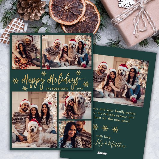 Sneeuwvlok Groen en Goud 5 Foto Collage Kerstmis Feestdagenkaart