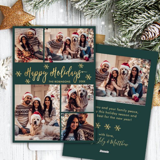 Sneeuwvlok Groen en Goud 5 Foto Collage Kerstmis Feestdagenkaart