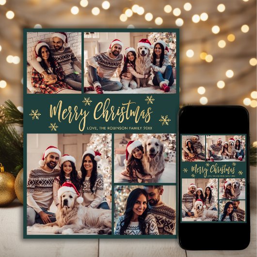 Sneeuwvlok Groen en Goud 5 Foto Collage Kerstmis Feestdagenkaart