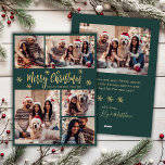 Sneeuwvlok Groen en Goud 5 Foto Collage Kerstmis Feestdagenkaart<br><div class="desc">Moderne Eenvoudige Elegante Kalligrafie Groene en Gouden Sneeuwvlokken 5 Fotocollage Vrolijk Kerstscript Vakantie Kaart. Deze feestelijke, minimalistische, grillige vijf (5) foto vakantie wenskaart sjabloon is voorzien van een grid foto collage, wat sneeuwvlok en zegt "Merry Christmas"! De "Merry Christmas" begroetingstekst is geschreven in een prachtig handgeschreven penseellettertypescript in goud op...</div>