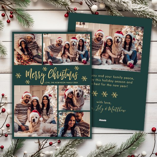 Sneeuwvlok Groen en Goud 5 Foto Collage Kerstmis Feestdagenkaart