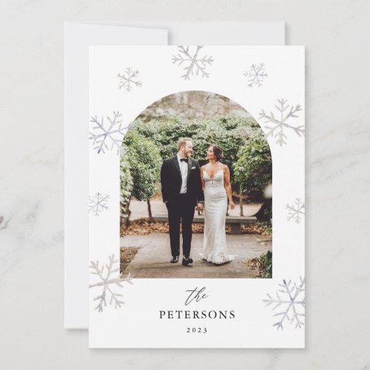 Sneeuwvlok Kerst Nieuwgetrouwden Gebogen Foto Kers Feestdagenkaart (Voorkant)