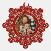 Sneeuwvlok Kerst Rood Ronde Foto Ornament Kaart (Voorkant)