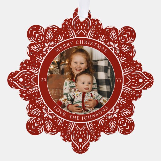 Sneeuwvlok Kerst Rood Ronde Foto Ornament Kaart (Voorkant)